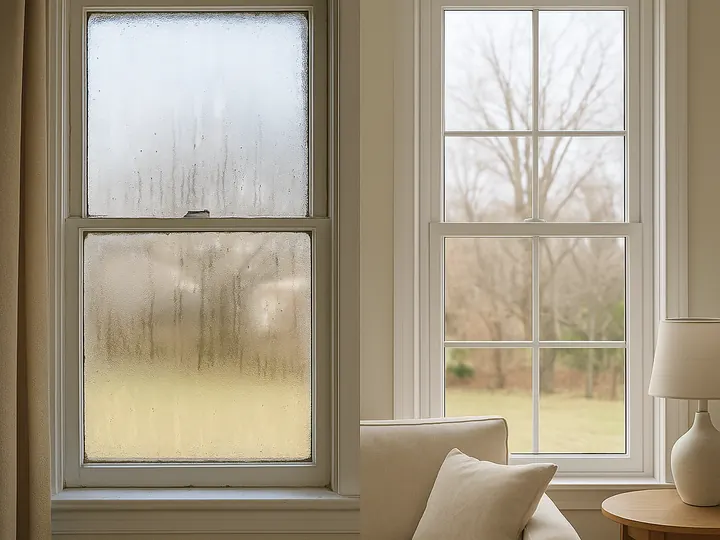 Foggy old window beside a clear new replacement window, signs it is time to replace windows in Tulsa, OK