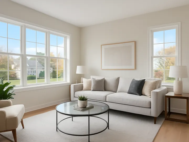 Bright living room with large new replacement windows that raise home value in Tulsa, OK