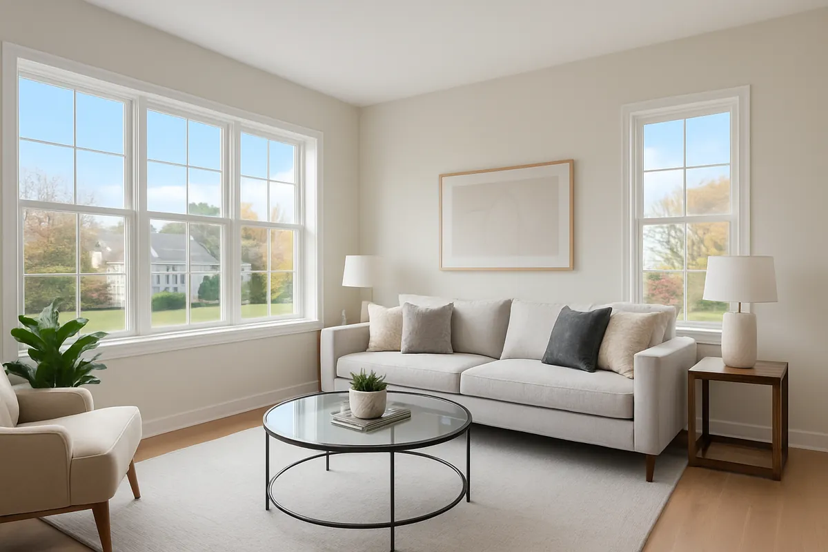 Bright living room with large new replacement windows that raise home value in South Tulsa, OK