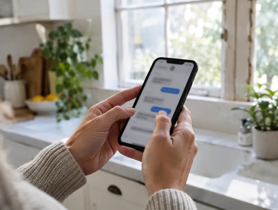 Homeowner reading a text message on a phone in the kitchen
