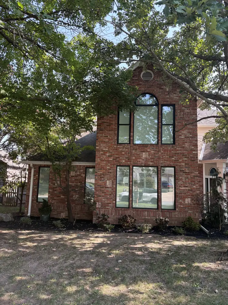 Red brick home with new black-frame windows behind a large shade tree